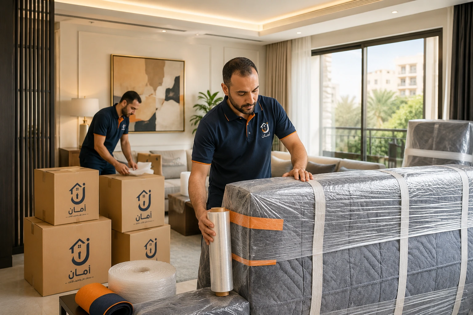 فريق أمان أثناء تجهيز الأثاث للنقل في الرحاب