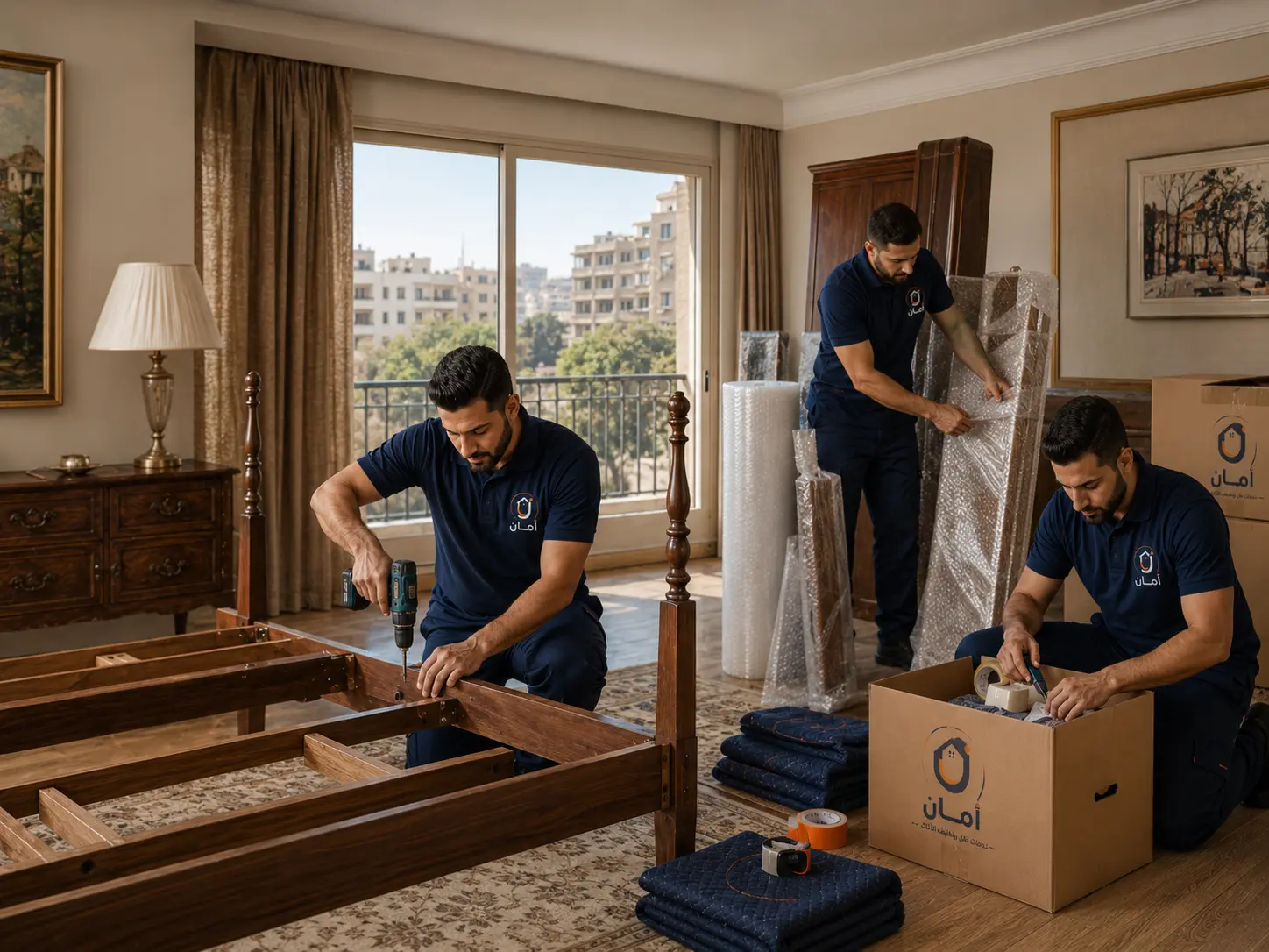 فريق أمان أثناء تجهيز الأثاث للنقل في المهندسين