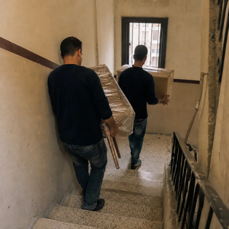 نقل قطع أثاث مغلفة على سلم ضيق في عمارة بجسر السويس